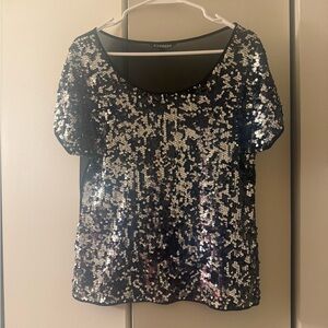 Express Black and Silver Sequin Short Sleeve Top